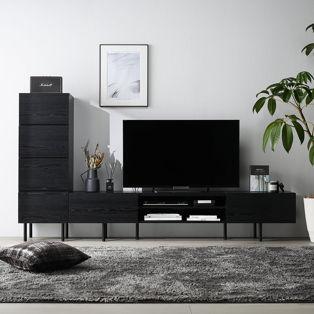異素材MIX テレビボード(180cm幅) + チェスト(スリム4段) セット 『Stova ストーヴァ』 ブラック