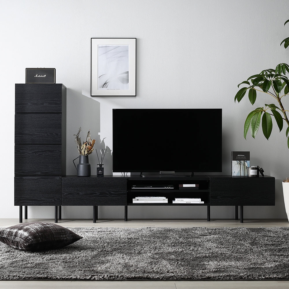 異素材MIX テレビボード(180cm幅) + チェスト(スリム4段) セット 『Stova ストーヴァ』 ブラック