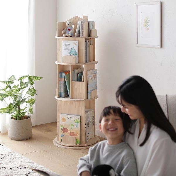 図鑑もすっきり 無塗装パイン材 回転絵本ラック（おうちデザイン）