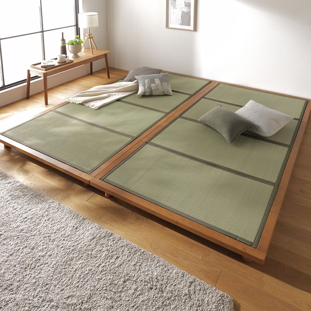 い草畳 すのこベッド 畳マット付き 天然木 3段階高さ調整 連結サイズ・ブラウン×緑