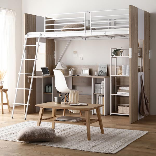 L字デスク付き バイカラー ロフトベット/L字で使える広々としたデスク