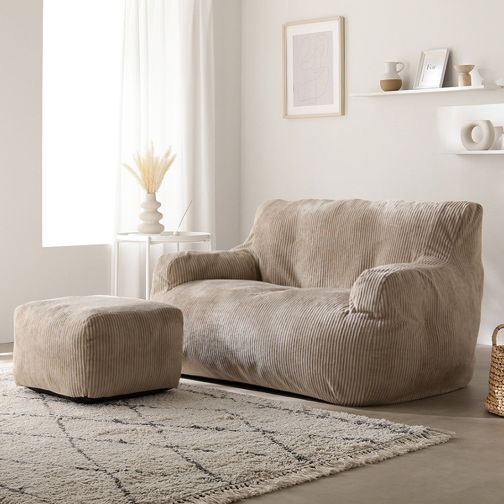 ウレタンクッションソファ 『Cloofy クルーフィ』 2人掛け＋オットマンセット コーデュロイ生地 ベージュ
