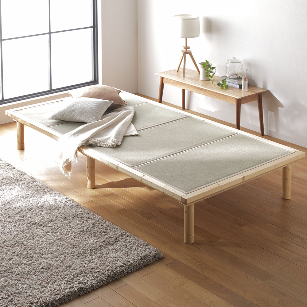 い草畳 すのこベッド 畳マット付き 天然木 3段階高さ調整 シングルサイズ・ナチュラル×生成り