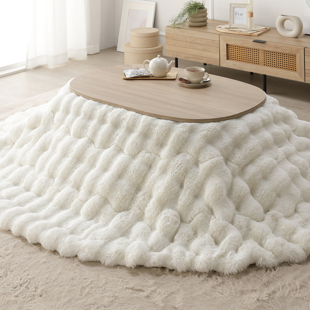 シンプルこたつローテーブル×ポコポコ布団 楕円形 2点セット(こたつテーブル:90×60cm + こたつ掛け布団:210×170cm) グレージュナチュラル/ホワイト