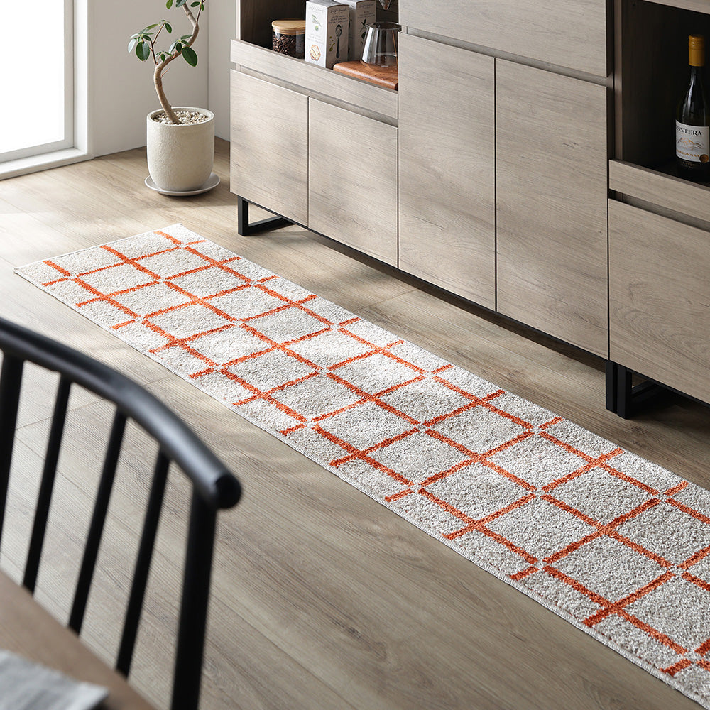 国産 洗濯機で洗える デザインラグ（軽量・防ダニ・アレルブロック） 約45×180cm/45×240cm オレンジ