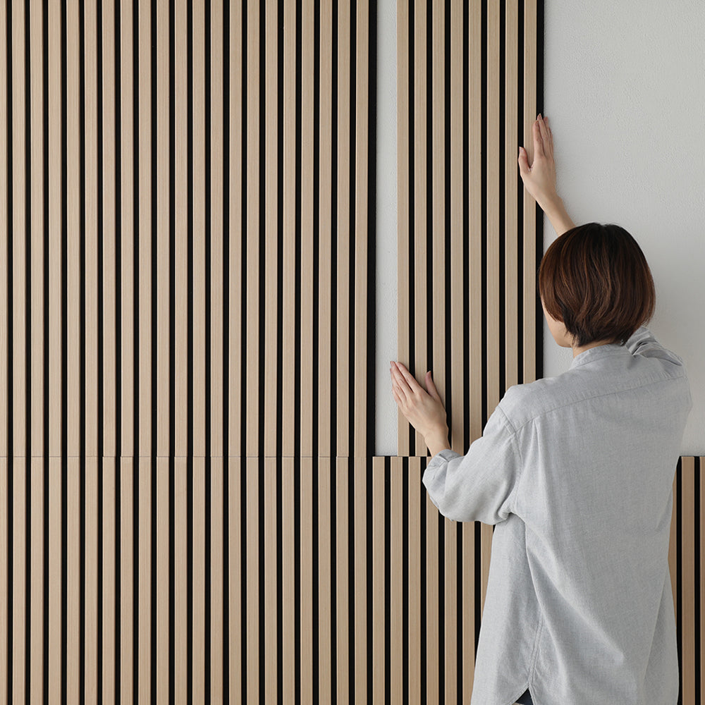 吸音 ウッドウォールパネル 天然木（突板）壁面DIY ナチュラル×ブラック 幅120cm 4枚セット