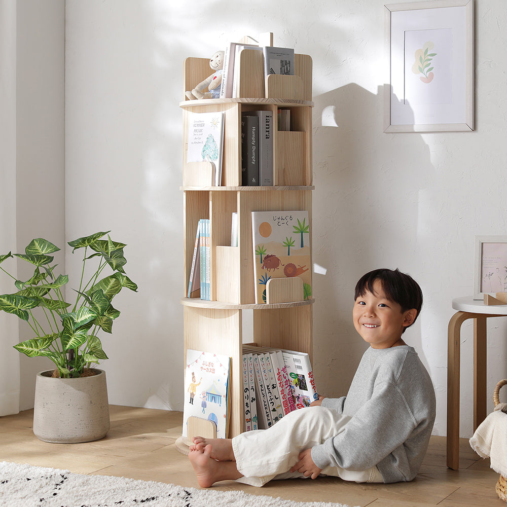 図鑑もすっきり 無塗装パイン材 回転絵本ラック（おうちデザイン）4段
