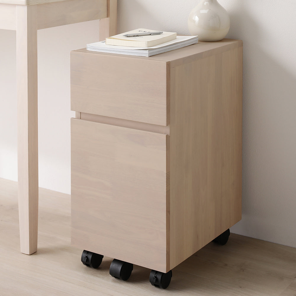 天然木デスクキャビネット 『Keiju ケイユ』 キャスター付き 本体完成品 ラテホワイト