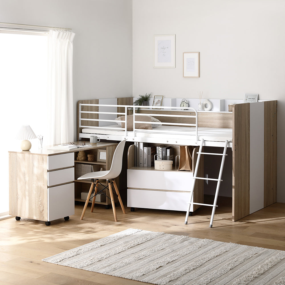 デスク・ワゴン付き コンパクトロフトベッド（サイド棚有） ナチュラル