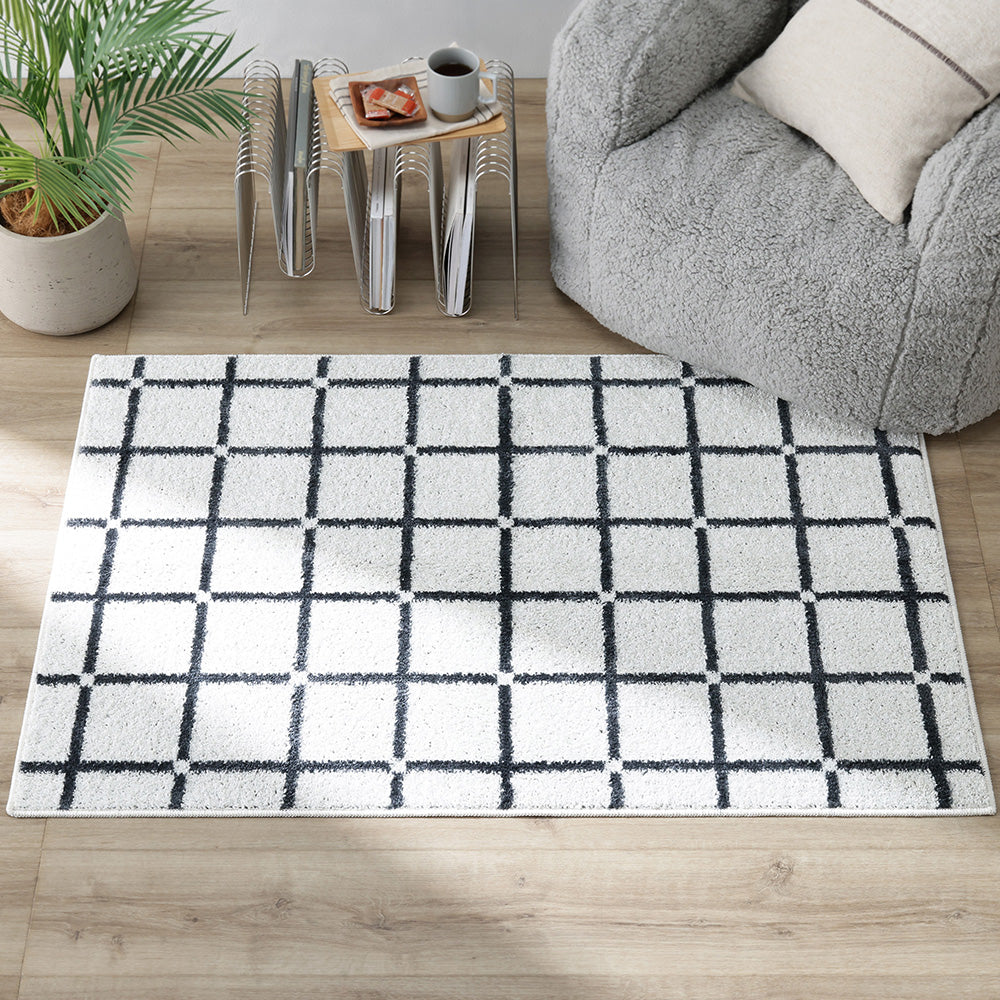 国産 洗濯機で洗える デザインラグ（軽量・防ダニ・アレルブロック） 約90×130cm ホワイト