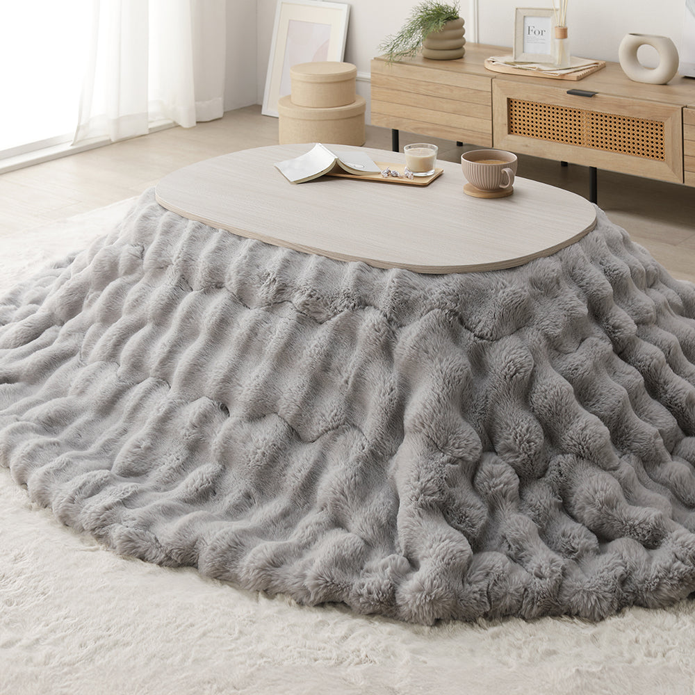 シンプルこたつローテーブル×ポコポコ布団 楕円形 2点セット(こたつテーブル:90×60cm + こたつ掛け布団:210×170cm) ホワイトウォッシュ/グレー
