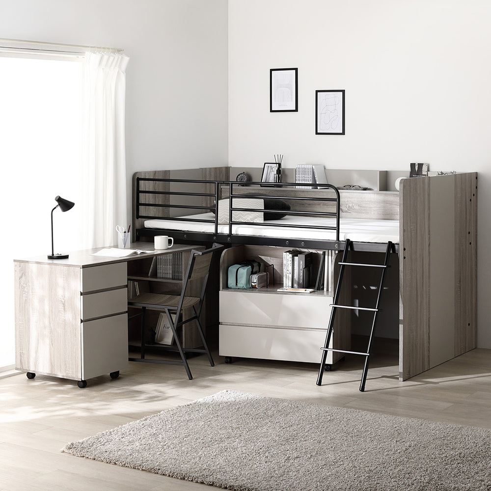 デスク・ワゴン付き コンパクトロフトベッド（サイド棚有） グレー