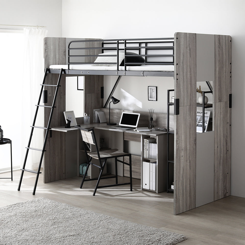 L字デスク付き バイカラー ロフトベット グレー