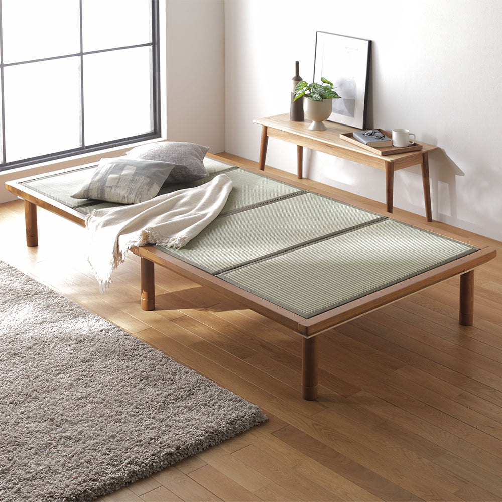い草畳 すのこベッド 畳マット付き 天然木 3段階高さ調整 シングルサイズ・ブラウン×緑