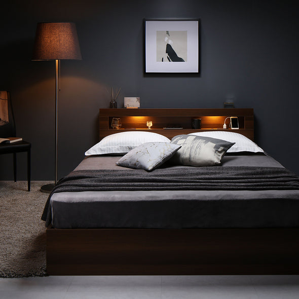 照明・引き出し収納付きベッド /高級感あふれるシンプルモダンデザイン