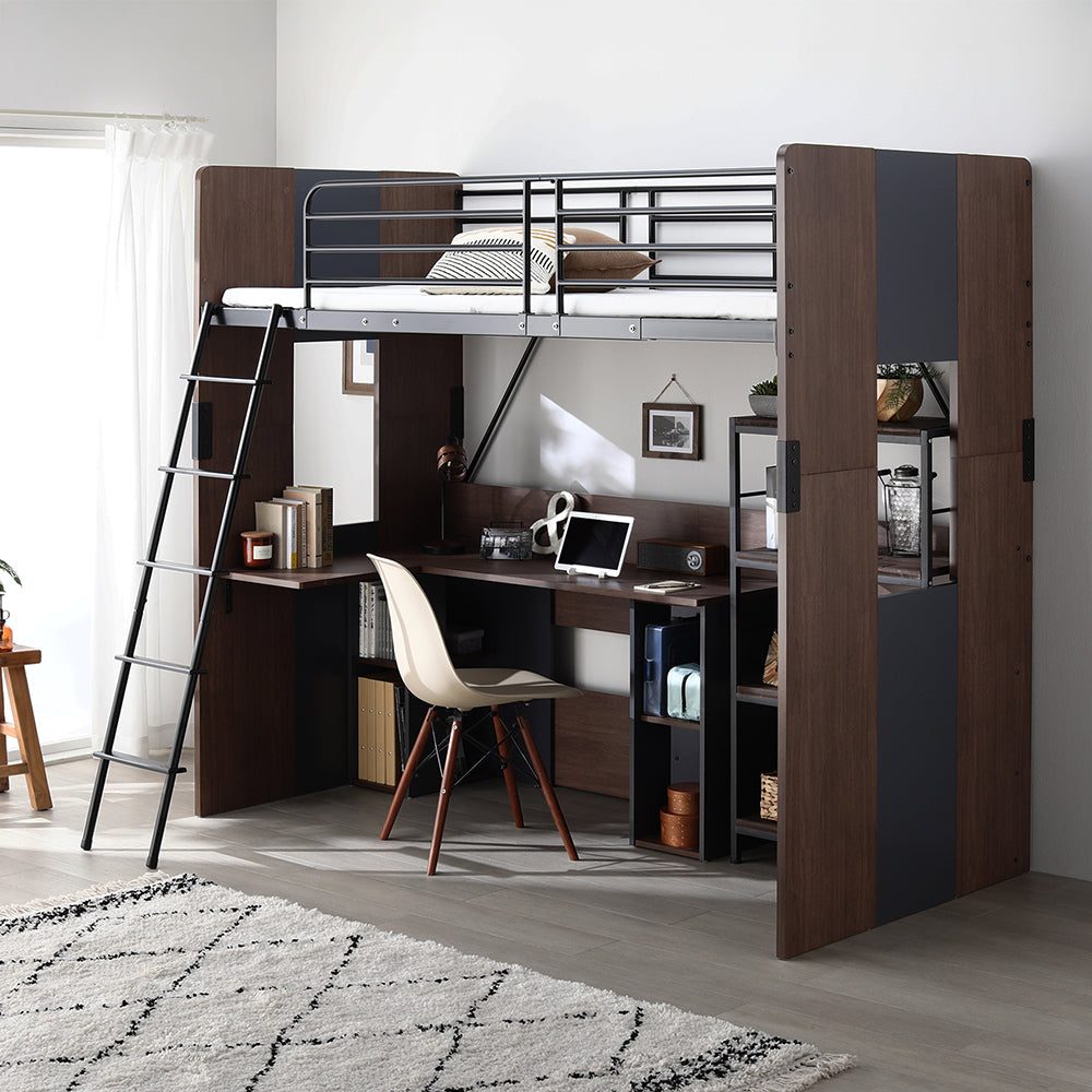 L字デスク付き バイカラー ロフトベット ブラウン