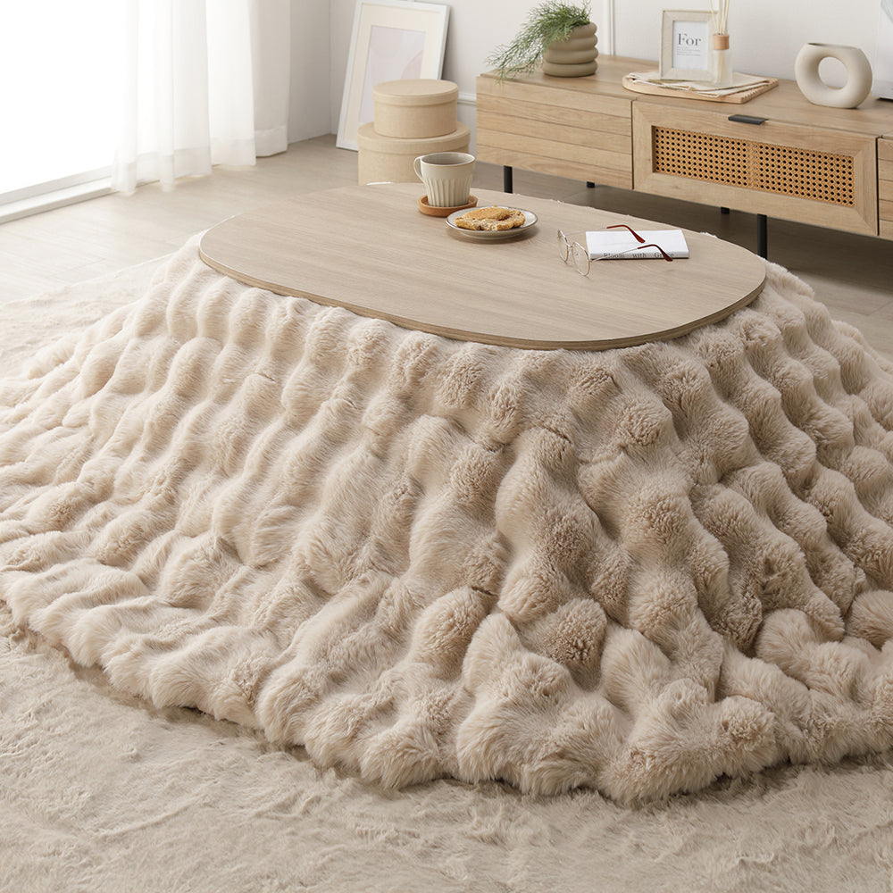 シンプルこたつローテーブル×ポコポコ布団 楕円形 2点セット(こたつテーブル:90×60cm + こたつ掛け布団:210×170cm) グレージュナチュラル/ベージュ