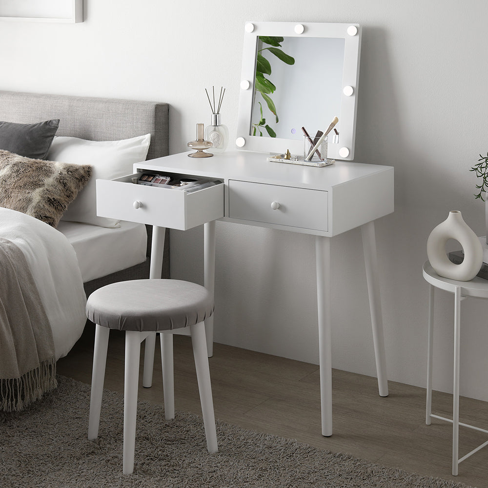 明るさと色が調整できる LED照明付きドレッサー スクエア型 ホワイト