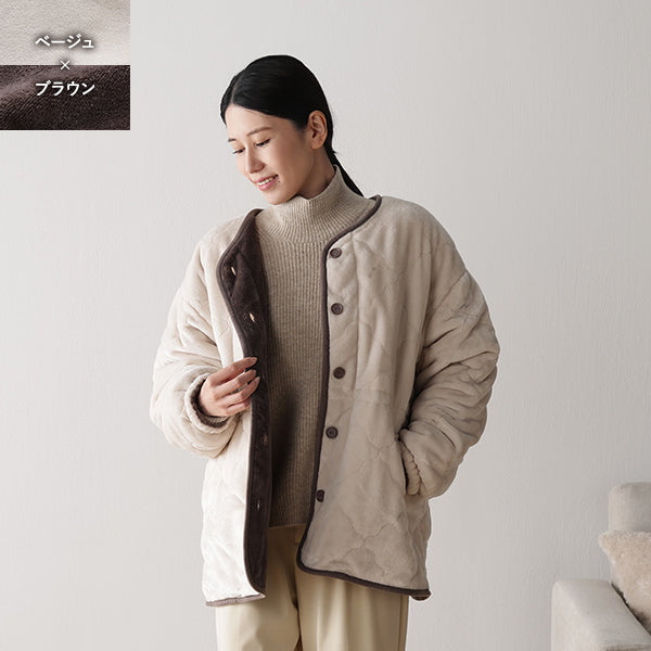 あったかフランネル『fuwanmel フワンメル』着る毛布 ショート丈 ベージュ×ブラウン
