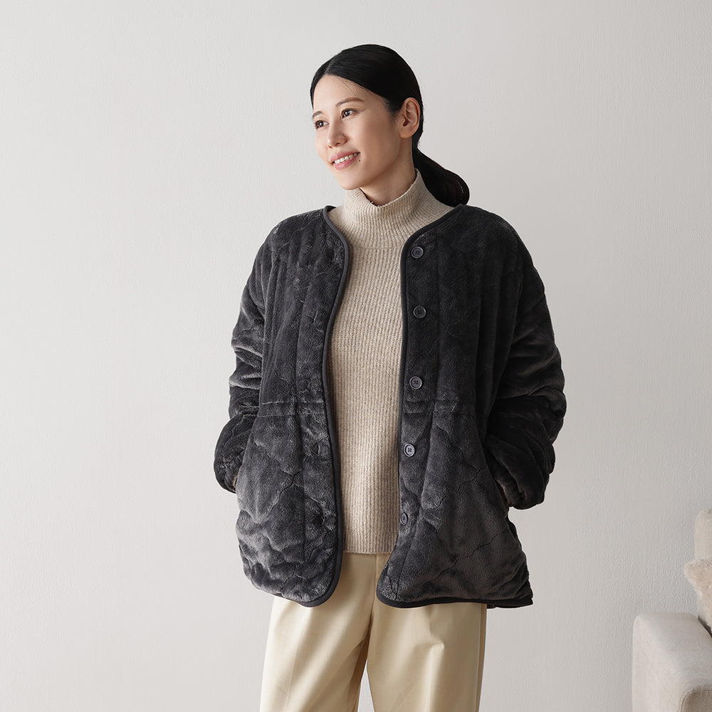 あったかフランネル『fuwanmel フワンメル』着る毛布 ショート丈 チャコールグレー×グレージュ
