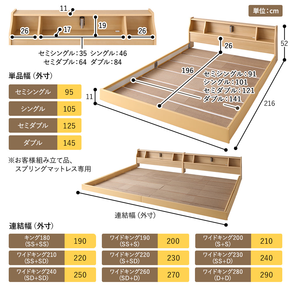 日本製 照明付き連結フロアベッド/最大幅約290cm！間接照明